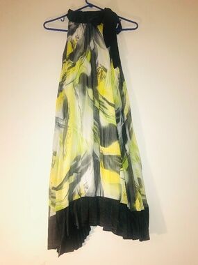 NWT Vintage Y2K DOTS Halter Neck Pleated Dress Tie Yellow Green Black Gray Large